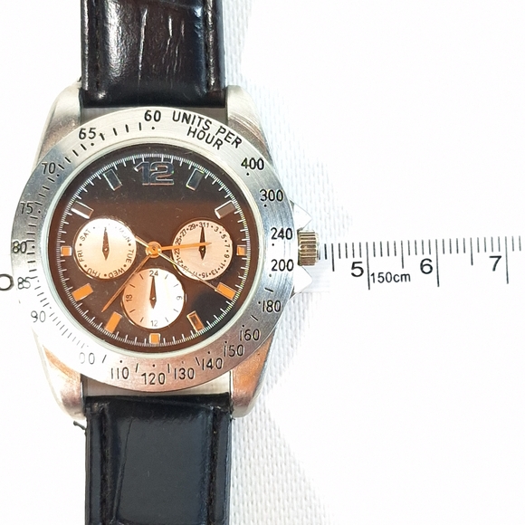 Steel & Black Leather Band Mens Quartz Analog Wrist Watch, New Battery - Picture 10 of 10